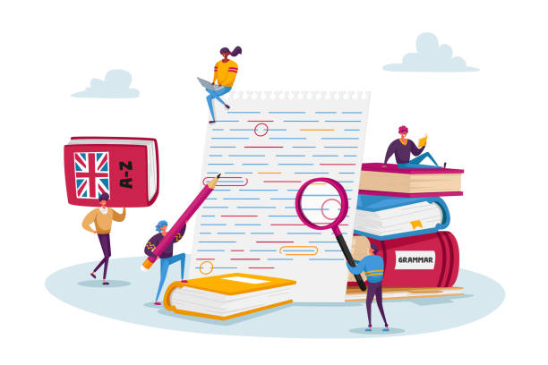 illustrations, cliparts, dessins animés et icônes de examen de grammaire anglaise. les personnages minuscules corrigent les erreurs et les erreurs dans le test écrit sur papier énorme. résultat de l’examen d’échec - formation